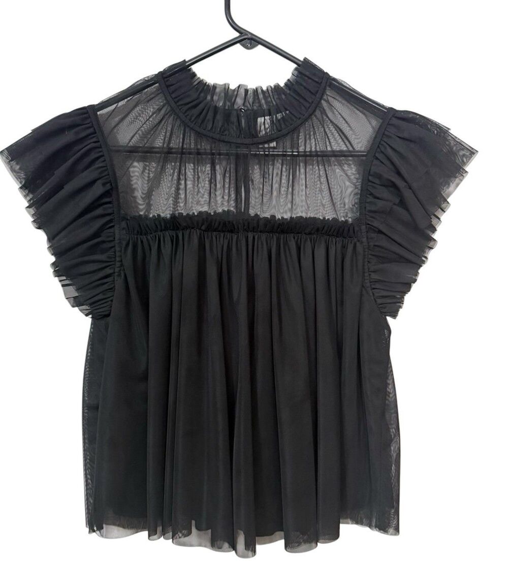 Joie Black Mesh Tulle Babydoll XS  Ruffle Ruffle Sleeve Smocked Top Pristine